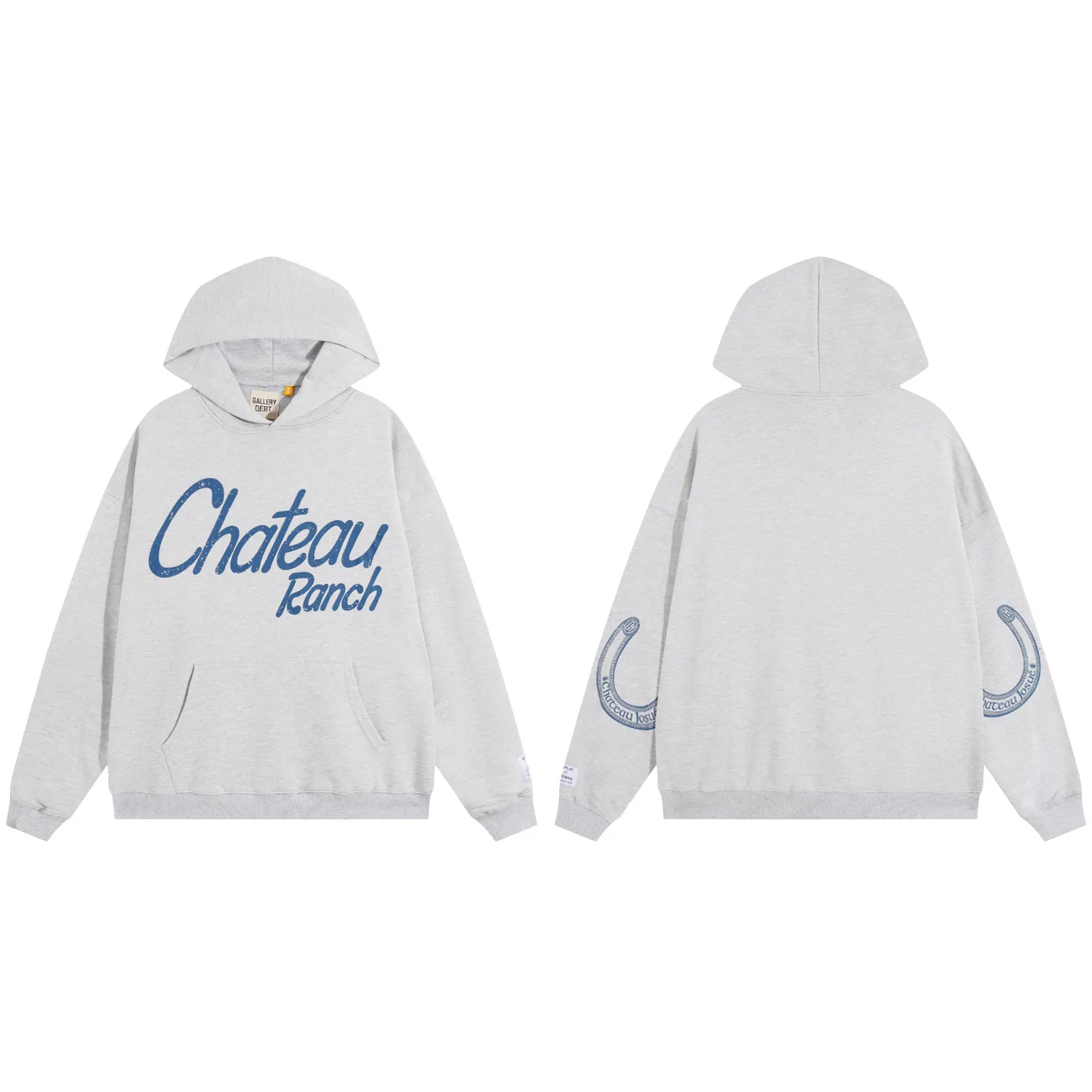 802#Gallery Dept New Slogan Horseshoe Design Printed Hoodie American High Street Hooded Sweatshirt Light Gray Blue S~XL P180